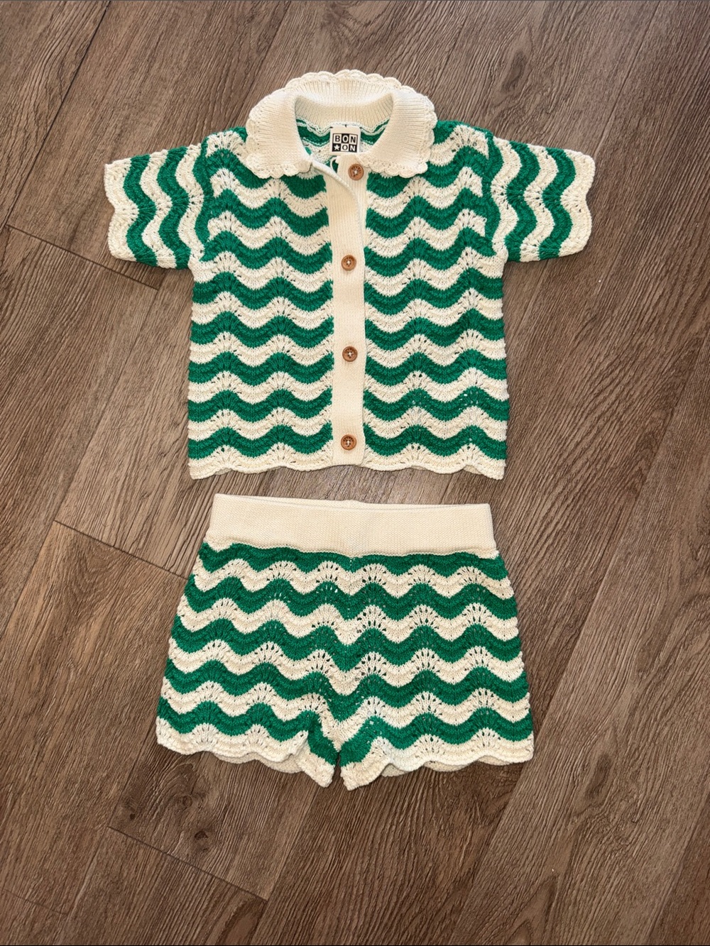 Bonton green and ecru Crochet Knit Two-Piece Set